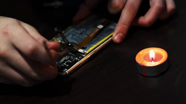Smartphone repair by candlelight during power outage