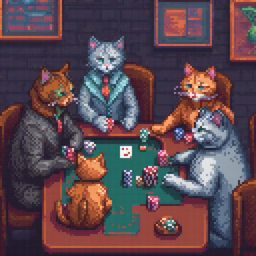A group of cats, each wearing a suit and tie, are playing poker at a table.