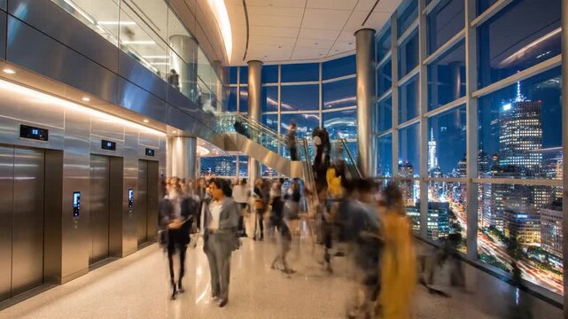 People walking through office building lobby with cityscape view at night, using elevators and staircase