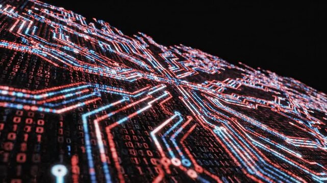 Neon Circuit Board with Glowing Lines and Binary Code on Black Background for Technology Concept