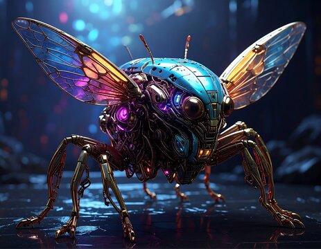 Metallic, robotic insect with glowing wings & details sits against dark, bokeh background