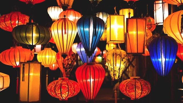 Vibrant traditional Vietnamese silk lanterns glowing at night in Hoi An. generated with AI