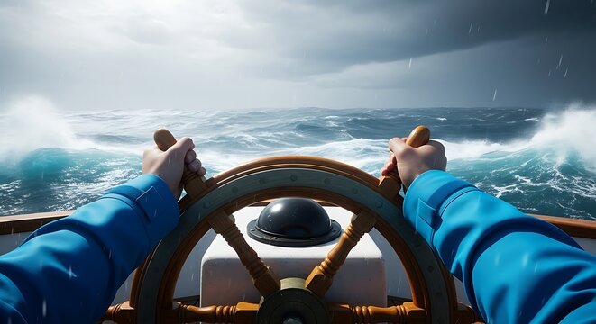A person steering a boat through rough seas on a stormy day with turbulent waves and a dark cloudy sky.