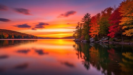Fototapeta premium A serene lake surrounded by vibrant autumn trees at sunset