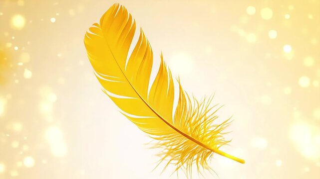 A single golden feather floats gently in a warm bokeh light environment.