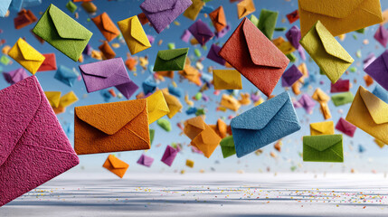 Colorful Winged Envelopes Flying Formation Overhead White Background Confetti — Communication Joy Celebration