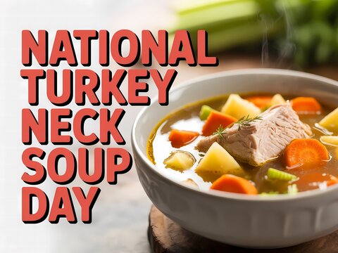 A bowl of delicious turkey neck soup with vegetables on a table to celebrate national turkey neck soup day