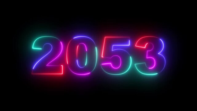 Happy new year 2053 Neon animated background. Video animation of abstract neon light with the numbers 2053 over blue background - represents the new year. 2053 happy new year.