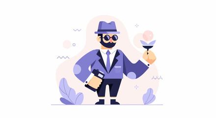 Fototapeta premium Dapper gentleman in purple suit, sunglasses, holding a flower torch, mobile device