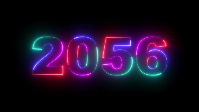 Happy new year 2056 Neon animated background. Video animation of abstract neon light with the numbers 2056 over blue background - represents the new year. 2056 happy new year.