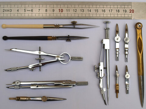 Vintage Professional Technical Drawing and Drafting Tool Set with Ruler on White Background