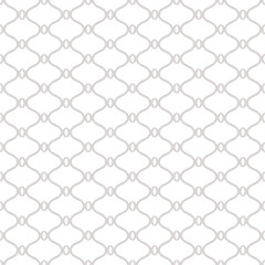 Fototapeta premium Minimal curved grid pattern. Delicate vector seamless texture with mesh, net, lattice, curvy lines. Grey and white ornament in oriental style. Simple elegant geometric background. Repeated geo design