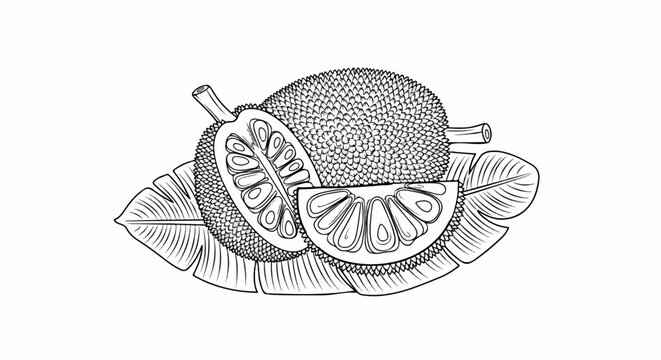 Detailed line art illustration of a whole and sliced tropical fruit on large leaves