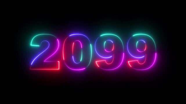Happy new year 2099 Neon animated background. Video animation of abstract neon light with the numbers 2099 over blue background - represents the new year.