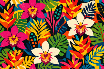 Vibrant tropical floral pattern with colorful orchids and leaves