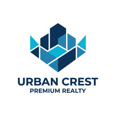 A modern logo for Urban Crest Premium Realty featuring geometric shapes, representing stability, growth, and the essence of urban living and real estate services.