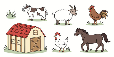 a barn and farm animals on a grassy field Vector © Mithu