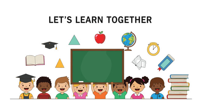 Group of diverse children standing together and holding up a large green chalkboard with educational let us learn text.