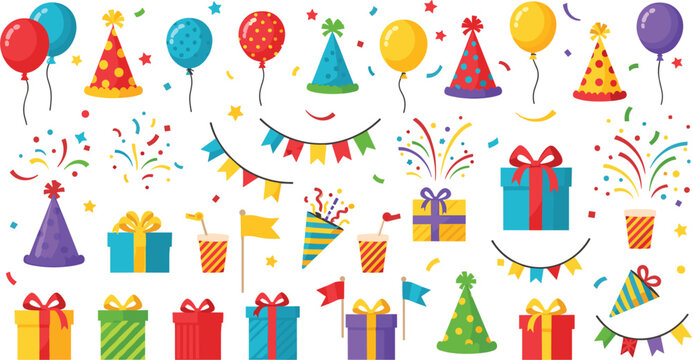 Vector Set of Birthday Party Elements with Balloons, Party Hats, Confetti, Gift Boxes, Banners, and Celebration Decorations