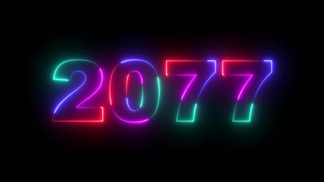 Happy new year 2077 Neon animated background. Video animation of abstract neon light with the numbers 2077 over blue background - represents the new year.
