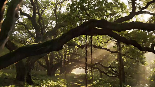Drone flying through a natural tunnel formed by interlocking tree branches, slow cinematic glide