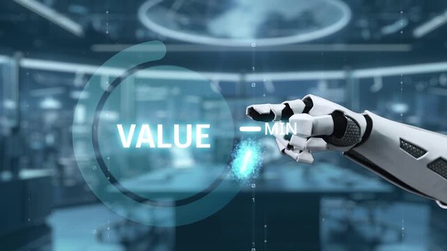 A sleek robot hand interacts with a digital interface displaying value adjustments between maximum and minimum settings, showcasing advanced technology in action. Auvana