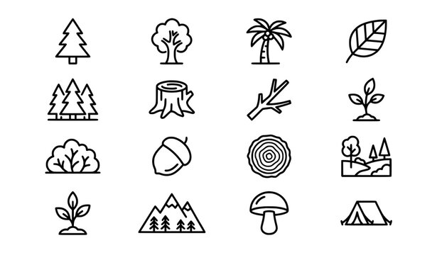 Trees and woodland editable stroke icon set black and white forest line vector collection