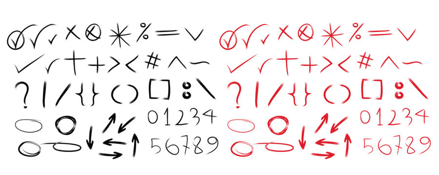 Brush Doodle Symbols  Set &ndash; Black and Red Hand Drawn Abstract Check Marks, Crosses, Arrows, Math Signs, Circles, Numbers and Annotation Markup Elements for Infographic, Web and Presentation Design.