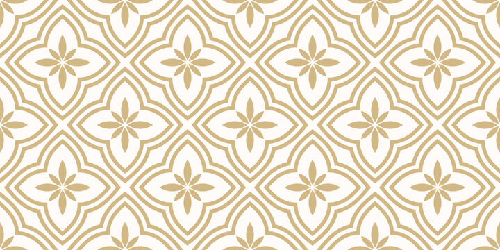 Luxury vector floral ornament in oriental style. Golden seamless pattern with big flowers, leaves, tiles, curved lines. Simple abstract ornate background texture. Repeated design for print, wallpaper