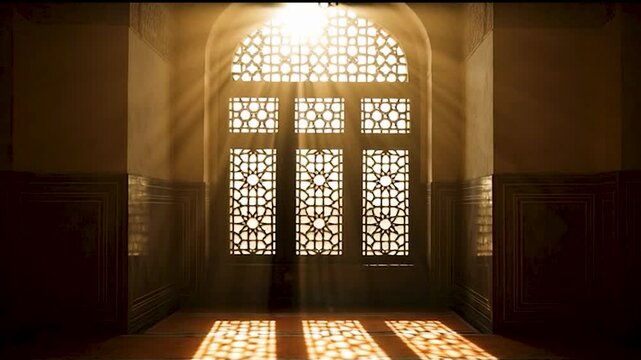 Sunlight Shining Through Traditional Islamic Window Lattice Casting Geometric Shadows. generated with AI
