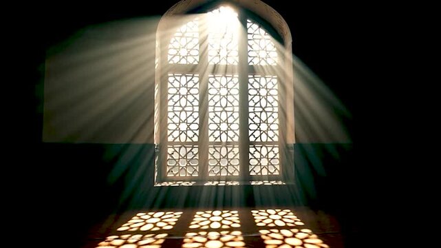Sunlight Shining Through Traditional Islamic Window Lattice Casting Geometric Shadows. generated with AI