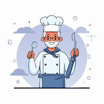 Chef in Uniform Holding Ladle and Knife.