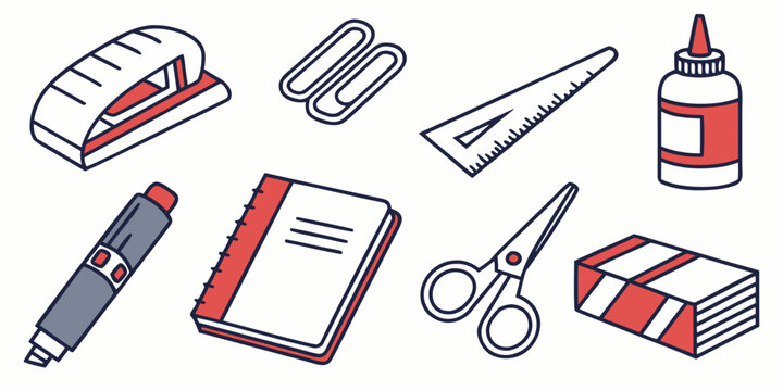 a collection of office supplies on a white background Vector