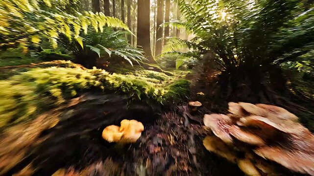 Extreme low-angle drone flight, skimming the forest floor ferns and mushrooms, slow motion.
