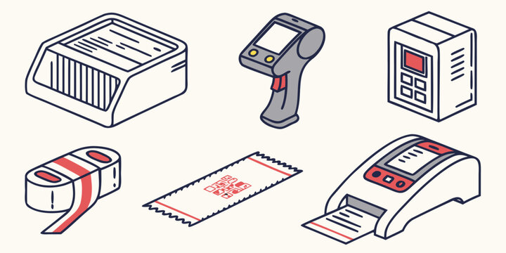 six different types of label maker tools and supplies Vector
