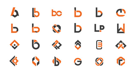 Collection of Abstract Letter B and Geometric Shape Logos in Orange and Black on Isolated White Background © Sastro