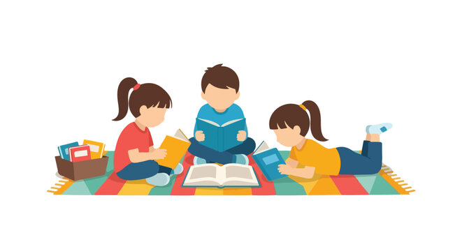 Three children, two girls and a boy, are engrossed in reading books on a colorful striped rug, surrounded by more books.