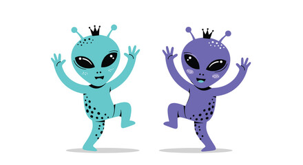 Fototapeta premium Two cute alien characters with crowns dance playfully in fun sci-fi illustration for children and space themes.
