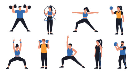 Fototapeta premium Large set of diverse people performing different types of fitness exercises including weightlifting, yoga, and jump rope for wellness.