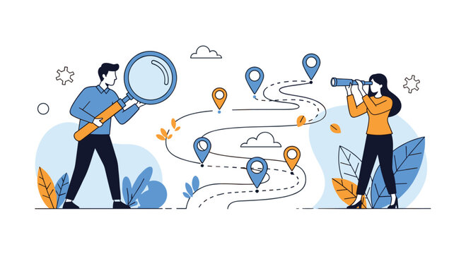 Strategic planning concept featuring people using a magnifying glass and telescope to find the best route on a winding map path.