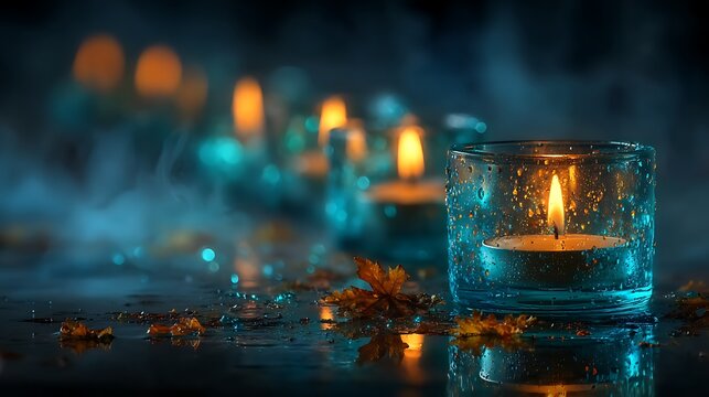 Row of candle lights in cylindrical glass creating cozy depth effect pictures