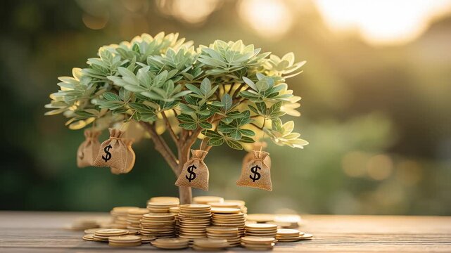 Flourishing money tree with abundant money bags symbolizing wealth growth and financial prosperity