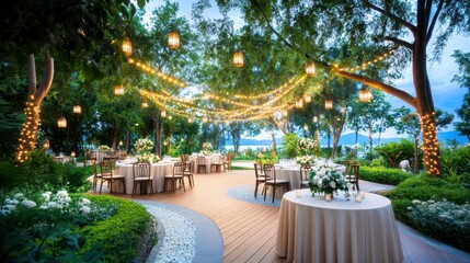 Magical outdoor wedding reception setup with string lights and lanterns at dusk