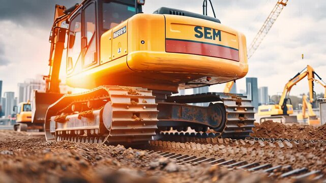 Close up view of an excavator track on construction site heavy machinery equipment