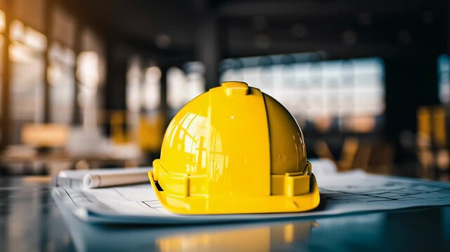 Yellow construction helmet resting on a surface safety equipment for industrial work site protection