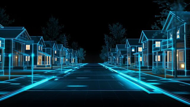 Futuristic digital blueprint of a modern city street with glowing blue technology elements and urban design
