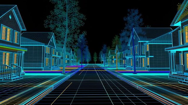 Futuristic neon wireframe suburban neighborhood glowing with vibrant colors at night
