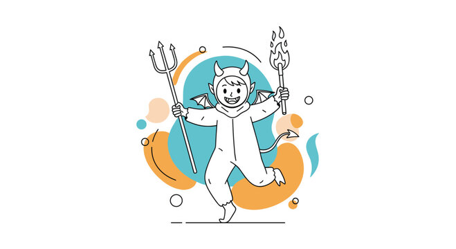 Happy child wearing devil costume holding trident and torch for Halloween celebration and festive holiday fun.
