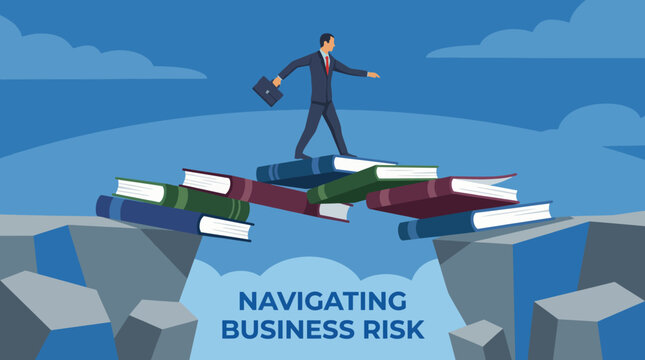 A businessman walking cautiously over stacked books, symbolizing the complexity of navigating business risks and the importance of knowledge in decision-making.