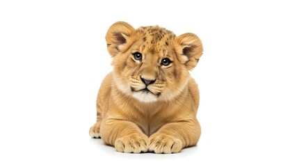 Obraz premium A young lion cub sitting calmly with an innocent and curious expression.